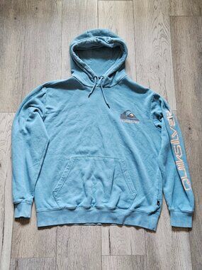 Y2K Quiksilver Mens Medium Slate Blue Oversized Sleeve Graphic Pullover Hoodie M